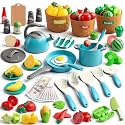 90Pcs Kitchen Playset Accessories, Pretend Cooking with Pots, Pans, Cookware, Food, Fruit, Veges, Color Sorting Baskets, Prop Money, Learning Gift for Girls Boys Toddlers (Turquoise)