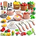 90Pcs Kitchen Playset Accessories, Pretend Cooking with Pots, Pans, Cookware, Food, Fruit, Veges, Color Sorting Baskets, Prop Money, Learning Gift for Girls Boys Toddlers (Pink)