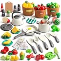 90Pcs Kitchen Playset Accessories, Pretend Cooking with Pots, Pans, Cookware, Food, Fruit, Veges, Color Sorting Baskets, Prop Money, Learning Gift for Girls Boys Toddlers (White)