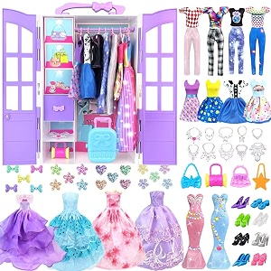 92pcs clothes and accessories with closet for 115 inch doll fashion design kit - dress up including outfits tops pants shoes hangers bags necklaces - girls toy gifts