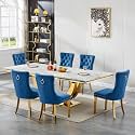 94.5" Large Marble Dining Table Set for 6, Luxury White Gold Kitchen Table with 6 Blue Velvet Dining Chairs, Modern Fuax Marble 7-Piece Dining Room Table Set for 6 w/Stainless Steel U-Base