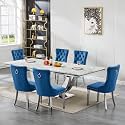 94.5" Large Marble Dining Table Set for 6, Luxury White Silver Kitchen Table with 6 Blue Velvet Dining Chairs, Modern Fuax Marble 7-Piece Dining Room Table Set for 6 w/Stainless Steel U-Base