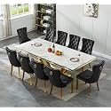 94.5" Large Marble Dining Table Set for 10, Luxury White Gold Kitchen Table with 10 Black Velvet Dining Chairs, Modern Fuax Marble 11-Piece Dining Room Table Set for 10 w/Stainless Steel U-Base