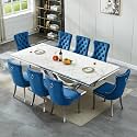 94.5" Large Marble Dining Table Set for 8, Luxury White Silver Kitchen Table with 8 Blue Velvet Dining Chairs, Modern Fuax Marble 9-Piece Dining Room Table Set for 8 w/Stainless Steel U-Base