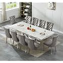 94.5" Large Marble Dining Table Set for 10, Luxury White Silver Kitchen Table with 10 Grey Velvet Dining Chairs, Modern Fuax Marble 11-Piece Dining Room Table Set for 10 w/Stainless Steel U-Base