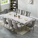 94.5" Large Marble Dining Table Set for 8, Luxury White Silver Kitchen Table with 8 Grey Velvet Tufted Chairs, Modern Fuax Marble 9-Piece Dining Room Table Set for 8 w/Stainless Steel U-Base