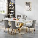 94.5" Large Marble Dining Table Set for 6, Luxury White Gold Kitchen Table with 6 Grey Velvet Dining Chairs, Modern Fuax Marble 7-Piece Dining Room Table Set for 6 w/Stainless Steel U-Base