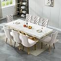 94.5" Large Marble Dining Table Set for 8, Luxury White Gold Kitchen Table with 8 Beige Velvet Dining Chairs, Modern Fuax Marble 9-Piece Dining Room Table Set for 8 w/Stainless Steel U-Base