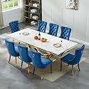 94.5" Large Marble Dining Table Set for 8, Luxury White Gold Kitchen Table with 8 Blue Velvet Dining Chairs, Modern Fuax Marble 9-Piece Dining Room Table Set for 8 w/Stainless Steel U-Base