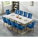 94.5" Large Marble Dining Table Set for 10, Luxury White Gold Kitchen Table with 10 Blue Velvet Dining Chairs, Modern Fuax Marble 11-Piece Dining Room Table Set for 10 w/Stainless Steel U-Base