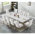 94.5" Large Marble Dining Table Set for 10, Luxury White Silver Kitchen Table with 10 Beige Velvet Tufted Chairs, Modern Fuax Marble 11-Piece Dining Room Table Set for 10 w/Stainless Steel U-Base