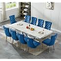 94.5" Large Marble Dining Table Set for 10, Luxury White Silver Kitchen Table with 10 Blue Velvet Dining Chairs, Modern Fuax Marble 11-Piece Dining Room Table Set for 10 w/Stainless Steel U-Base