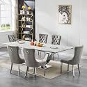 94.5" Large Marble Dining Table Set for 6, Luxury White Silver Kitchen Table with 6 Grey Velvet Dining Chairs, Modern Fuax Marble 7-Piece Dining Room Table Set for 6 w/Stainless Steel U-Base