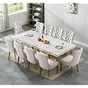 94.5" Large Marble Dining Table Set for 10, Luxury White Gold Kitchen Table with 10 Beige Velvet Dining Chairs, Modern Fuax Marble 11-Piece Dining Room Table Set for 10 w/Stainless Steel U-Base