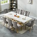 94.5" Large Marble Dining Table Set for 8, Luxury White Gold Kitchen Table with 8 Grey Velvet Dining Chairs, Modern Fuax Marble 9-Piece Dining Room Table Set for 8 w/Stainless Steel U-Base