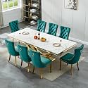 94.5" Large Marble Dining Table Set for 8, Luxury White Gold Kitchen Table with 8 Green Velvet Dining Chairs, Modern Fuax Marble 9-Piece Dining Room Table Set for 8 w/Stainless Steel U-Base