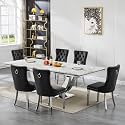 94.5" Large Marble Dining Table Set for 6, Luxury White Silver Kitchen Table with 6 Black Velvet Dining Chairs, Modern Fuax Marble 7-Piece Dining Room Table Set for 6 w/Stainless Steel U-Base
