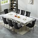 94.5" Large Marble Dining Table Set for 8, Luxury White Silver Kitchen Table with 8 Black Velvet Dining Chairs, Modern Fuax Marble 9-Piece Dining Room Table Set for 8 w/Stainless Steel U-Base