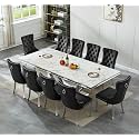 94.5" Large Marble Dining Table Set for 10, Luxury White Silver Kitchen Table with 10 Black Velvet Dining Chairs, Modern Fuax Marble 11-Piece Dining Room Table Set for 10 w/Stainless Steel U-Base