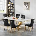 94.5" Large Marble Dining Table Set for 6, Luxury White Gold Kitchen Table with 6 Black Velvet Dining Chairs, Modern Fuax Marble 7-Piece Dining Room Table Set for 6 w/Stainless Steel U-Base