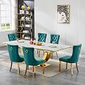 94.5" Large Marble Dining Table Set for 6, Luxury White Gold Kitchen Table with 6 Green Velvet Dining Chairs, Modern Fuax Marble 7-Piece Dining Room Table Set for 6 w/Stainless Steel U-Base