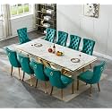 94.5" Large Marble Dining Table Set for 10, Luxury White Gold Kitchen Table with 10 Green Velvet Dining Chairs, Modern Fuax Marble 11-Piece Dining Room Table Set for 10 w/Stainless Steel U-Base