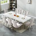 94.5" Large Marble Dining Table Set for 8, Luxury White Silver Kitchen Table with 8 Beige Velvet Dining Chairs, Modern Fuax Marble 9-Piece Dining Room Table Set for 8 w/Stainless Steel U-Base