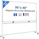 96"x48" Large Magnetic White Board Dry Erase Whiteboard with Rolling Stand 8’x4’ Double-Sided Mobile White Boards on Wheels, Including 3 Magnetic Erasers, 7 Markers, 30 Magnets