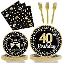 96 Pcs 40th Birthday Plates and Napkins Party Supplies Black Gold Happy Forty Theme Tableware Set 40th Birthday Decorations Favors for Men and Women Serves 24