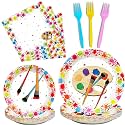 96 Pcs Art Plates and Napkins Party Supplies Paint Tableware Set Painting Theme Party Decorations Favors for Art Paint Birthday Baby Shower Serves 24