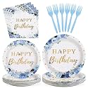 96 Pcs Blue Flower Birthday Party Decorations, Serves 24