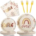 96 Pcs Boho Rainbow Party Plates and Napkins Party Supplies Boho Rainbow 1st Birthday Party Tableware Set Boho One Party Decorations Favors for Baby Girls Boys Birthday Baby Shower Serves 24