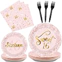 96 Pcs Rose Gold Sweet 16 Birthday Party Plates and Napkins Party Supplies Sixteen Birthday Party Tableware Set 16th Party Decorations Favors for Girls Birthday Serves 24