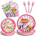 96 Pcs Super Girl Hero Plates and Napkins Party Supplies Pink Comic Heroes Tableware Set Super Theme Hero Party Decorations Favors for Girl Birthday Baby Shower Serves 24
