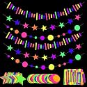 96ft UV Neon Paper Garland Round dot Star Rectangle kit Neon Decor Banners for Glow Party Supplies, UV Reactive Glow in The Dark Streamers for Birthday neon Party Decorations Black Party Supplies…