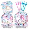 96Pcs Butterfly 6th Birthday Party Decorations, Serves 24