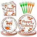 96Pcs Fall Fox Birthday Party Decorations Fall Thanksgiving Paper Plates and Napkins Animal Tableware for Girl Boy Fox Theme Baby Shower Birthday Party Decorations Serves 24