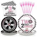 96Pcs Pink Race Car Two Fast Birthday Party Supplies, Serves 24