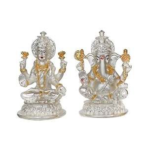diviniti 999 silver plated lakshmi ganesha idol for home decor showpiece puja roomreligious statue for peace and prosperityluxury sculptures for table decor gift festival 105 x 55 cm