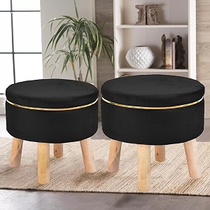 attractive soft in touch fabric wooden ottoman upholstered foam cushioned pouffemuddapuffy for foot rest for living roomofficecafe sitting set of 2 legs foot stool16 inchblack