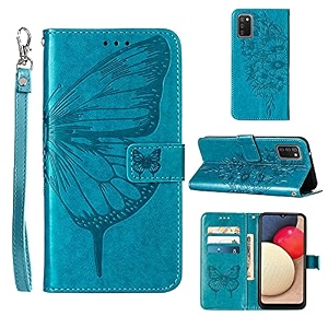 a02s casewallet for samsung a02s casekickstandwrist strapcard holder slots butterfly floral embossed pu leather flip protective cover for galaxy a02s case blue