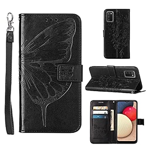 a02s casewallet for samsung a02s casekickstandwrist strapcard holder slots butterfly floral embossed pu leather flip protective cover for galaxy a02s case black