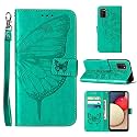 A02s Case,Wallet for Samsung A02s Case,[Kickstand][Wrist Strap][Card Holder Slots] Butterfly Floral Embossed PU Leather Flip Protective Cover for Galaxy A02s Case (Green)