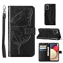 A02s Case,Wallet for Samsung A02s Case,[Kickstand][Wrist Strap][Card Holder Slots] Butterfly Floral Embossed PU Leather Flip Protective Cover for Galaxy A02s Case (Black)