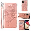 A02s Case,Wallet for Samsung A02s Case,[Kickstand][Wrist Strap][Card Holder Slots] Butterfly Floral Embossed PU Leather Flip Protective Cover for Galaxy A02s Case (Rose Gold)