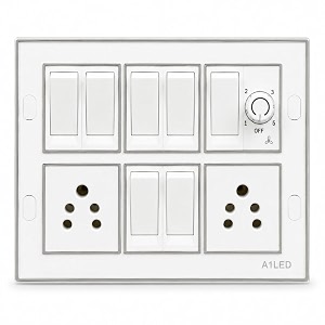 a1 led 12 modular switch board box wall mount with 7 switches 2 universal sockets amp fan regulator  silver line electrical panel for home office  white