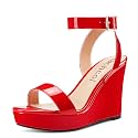 Aachcol Women Platform Wedge Sandals Round Peep Open Toe Ankle Strap Slingback Two-Piece Chunky Block High Heel Dress Shoes Pumps Party Patent 4 Inch