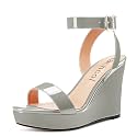 Aachcol Women Platform Wedge Sandals Round Peep Open Toe Ankle Strap Slingback Two-Piece Chunky Block High Heel Dress Shoes Pumps Party Patent 4 Inch