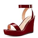 Aachcol Women Platform Wedge Sandals Round Peep Open Toe Ankle Strap Slingback Two-Piece Chunky Block High Heel Dress Shoes Pumps Party Patent 4 Inch