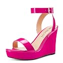 Aachcol Women Platform Wedge Sandals Round Peep Open Toe Ankle Strap Slingback Two-Piece Chunky Block High Heel Dress Shoes Pumps Party Patent 4 Inch